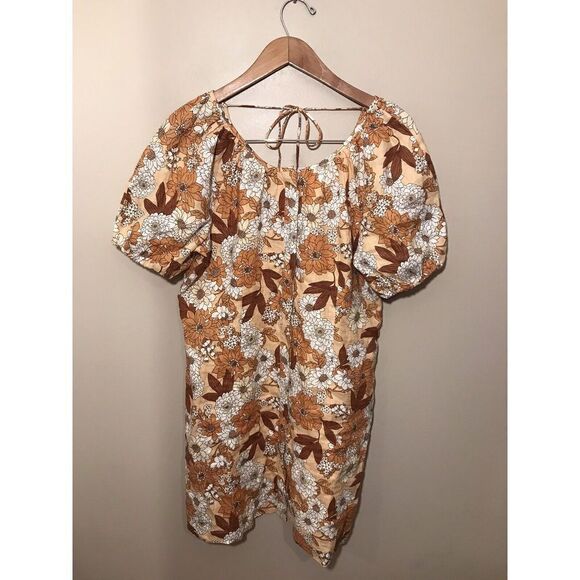 J CREW Womens Zinnia Floral V-Back Linen Dress Sheath Camel Brown BG473 Size 8 - Picture 3 of 6